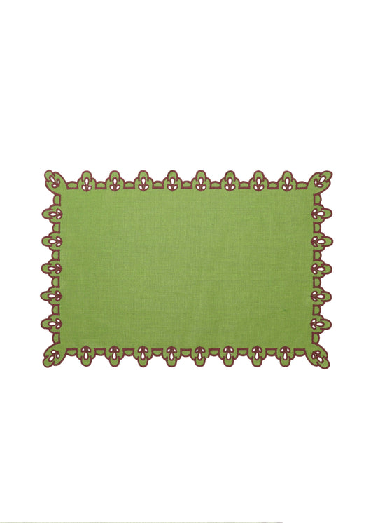 Vlekwerende Linnen Placemat – 50x35 cm - Groen met paarse broderie
