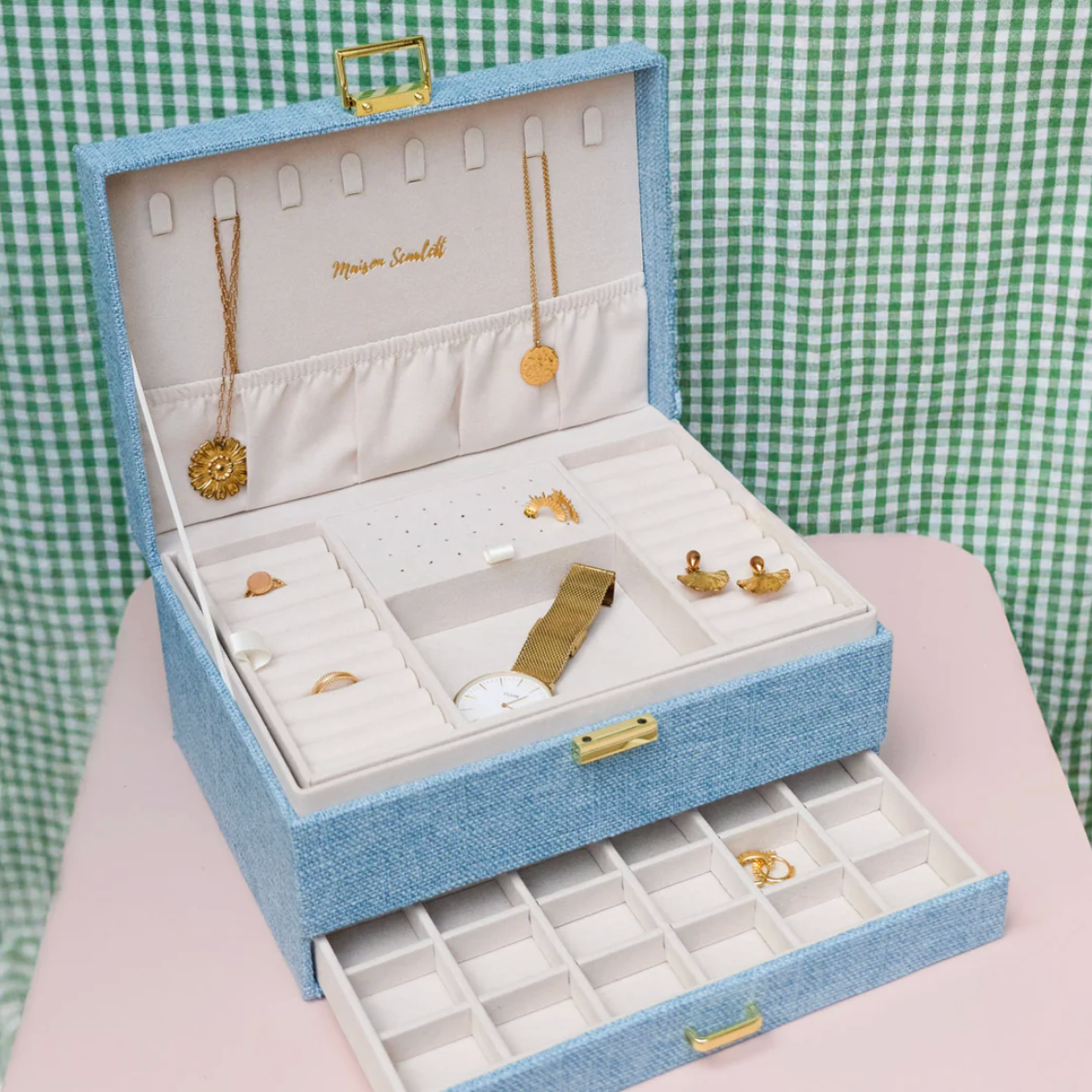 Sieradendoos linnen effect - Lichtblauw