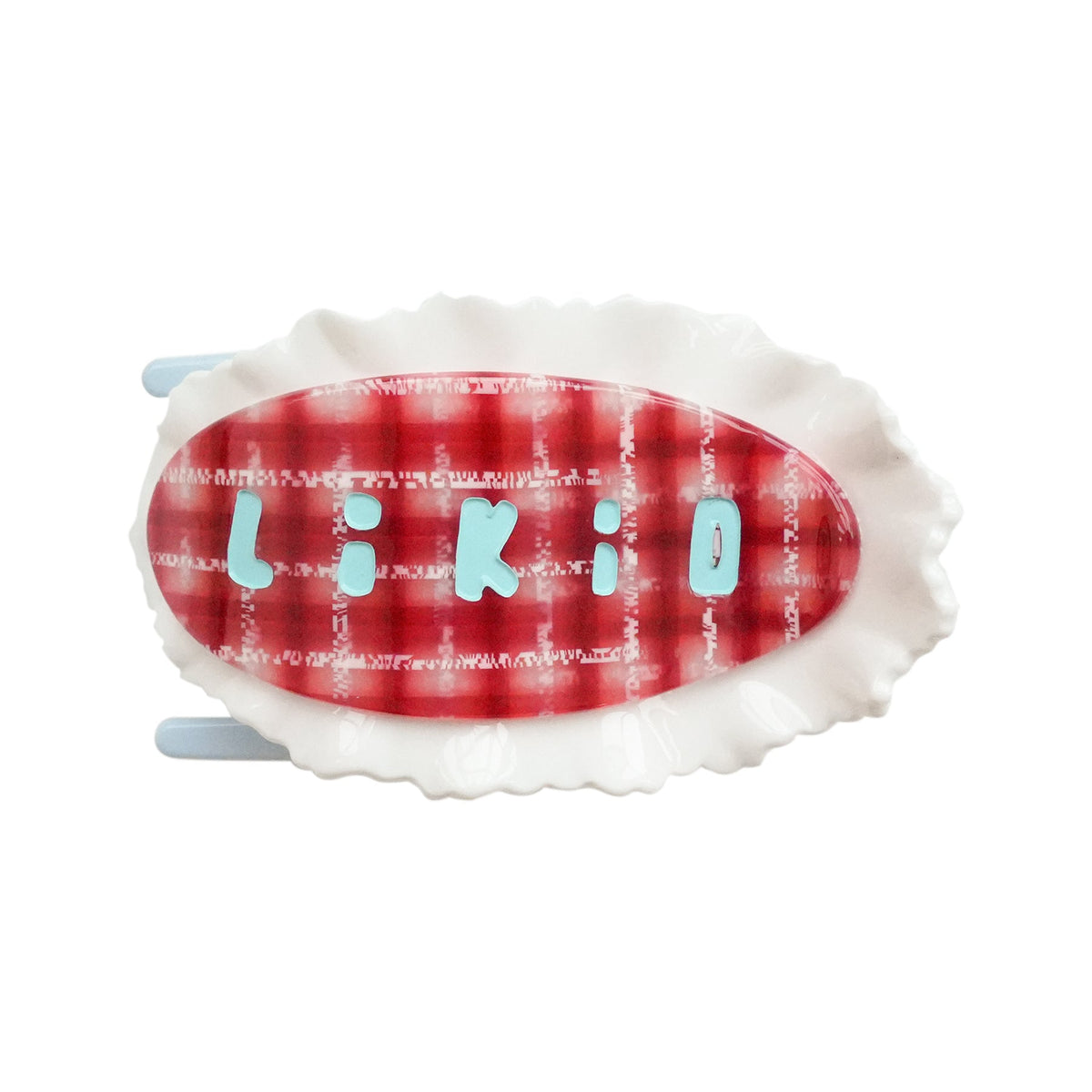 Grote platte Likio haarklem Berry Plaid, rood geruit met witte kanten rand