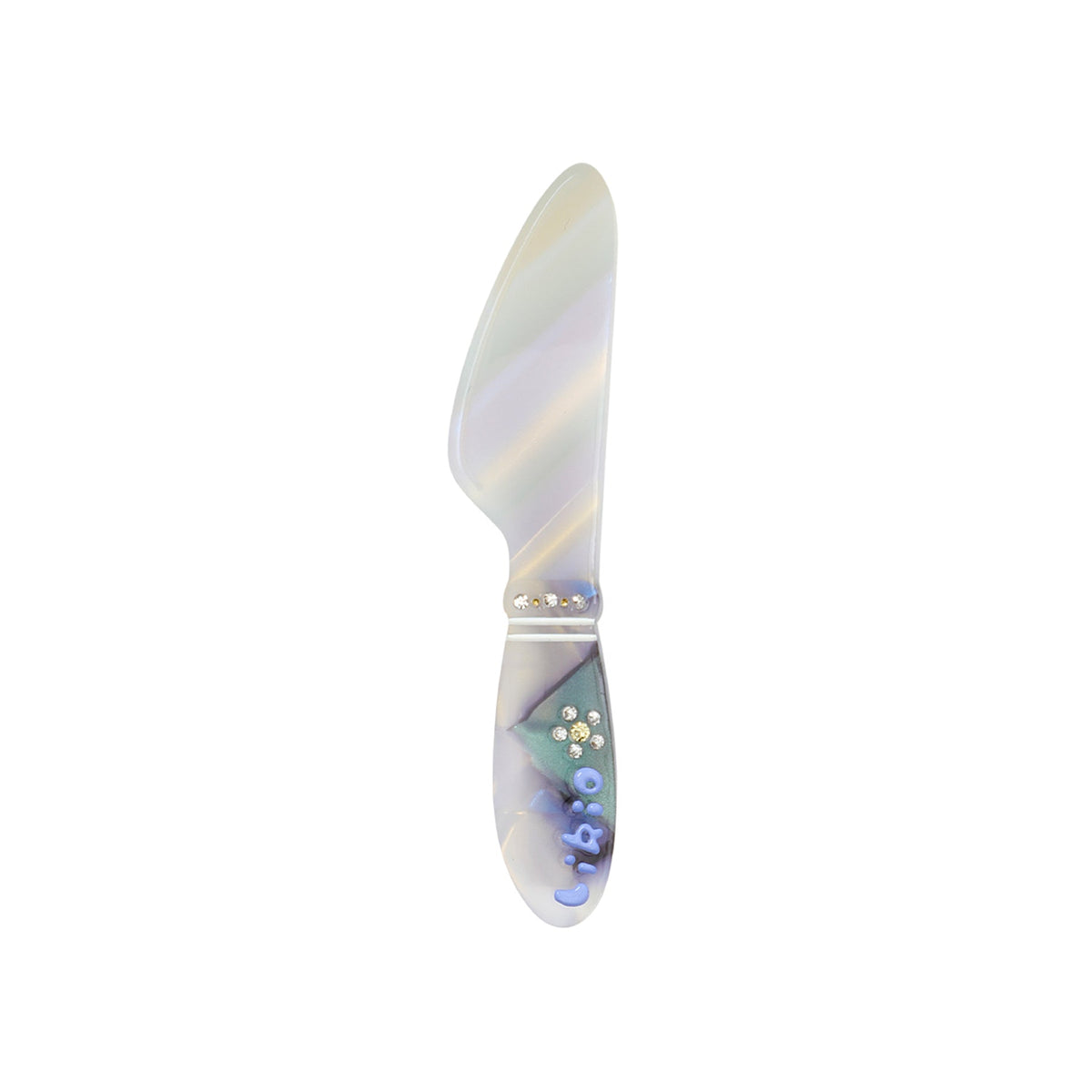 Likio hair clip shaped like a pearly table knife with rhinestones and logo