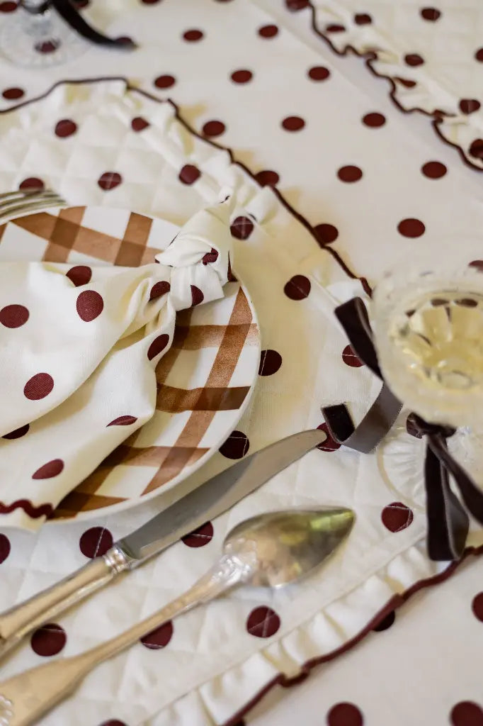Paulette Brown tablecloth with brown polka dots