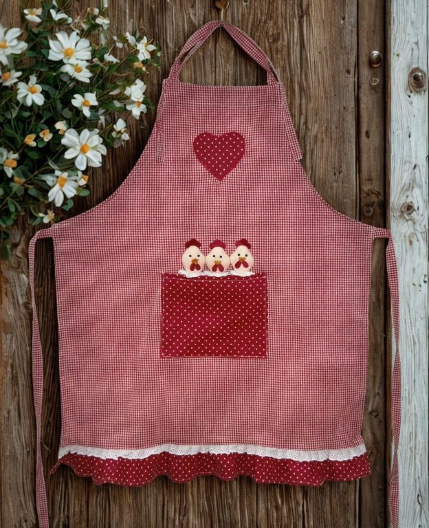 Children's apron with chicks – red
