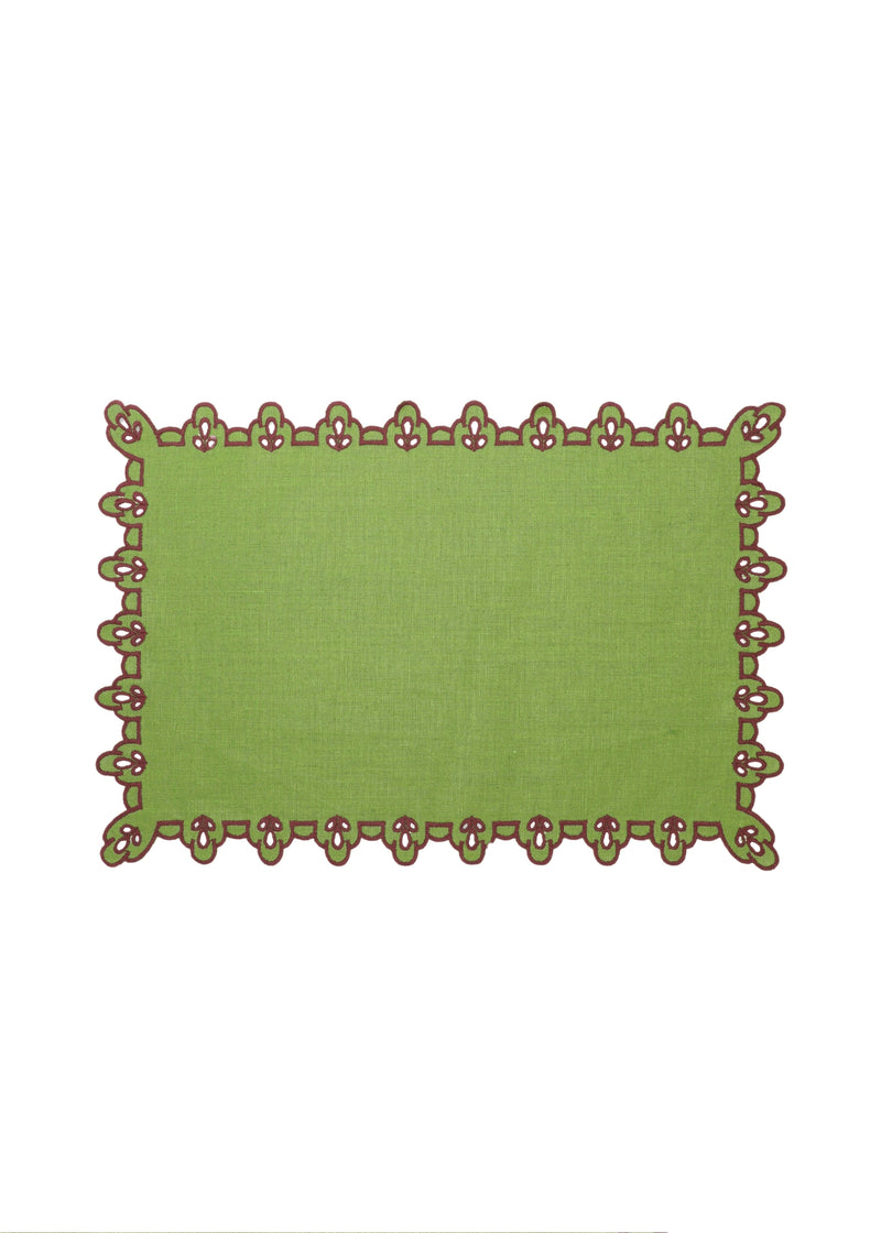 Vlekwerende Linnen Placemat – 50x35 cm - Groen met paarse broderie