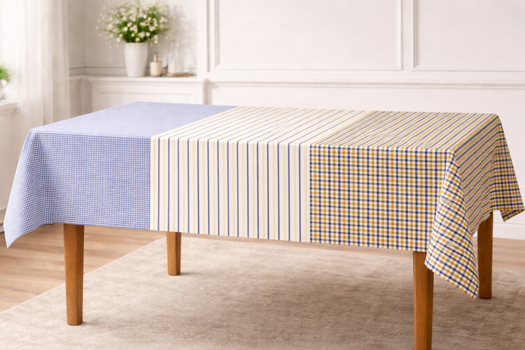 Tafellaken - Blauw met geel gestreept 100% katoen - 150 × 340 cm