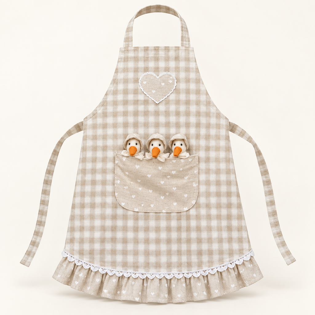Children's apron with little geese – beige plaid
