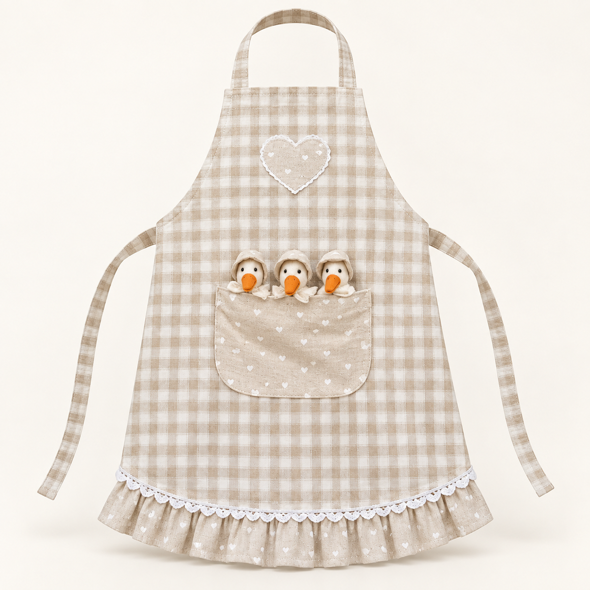 Children's apron with little geese – beige plaid
