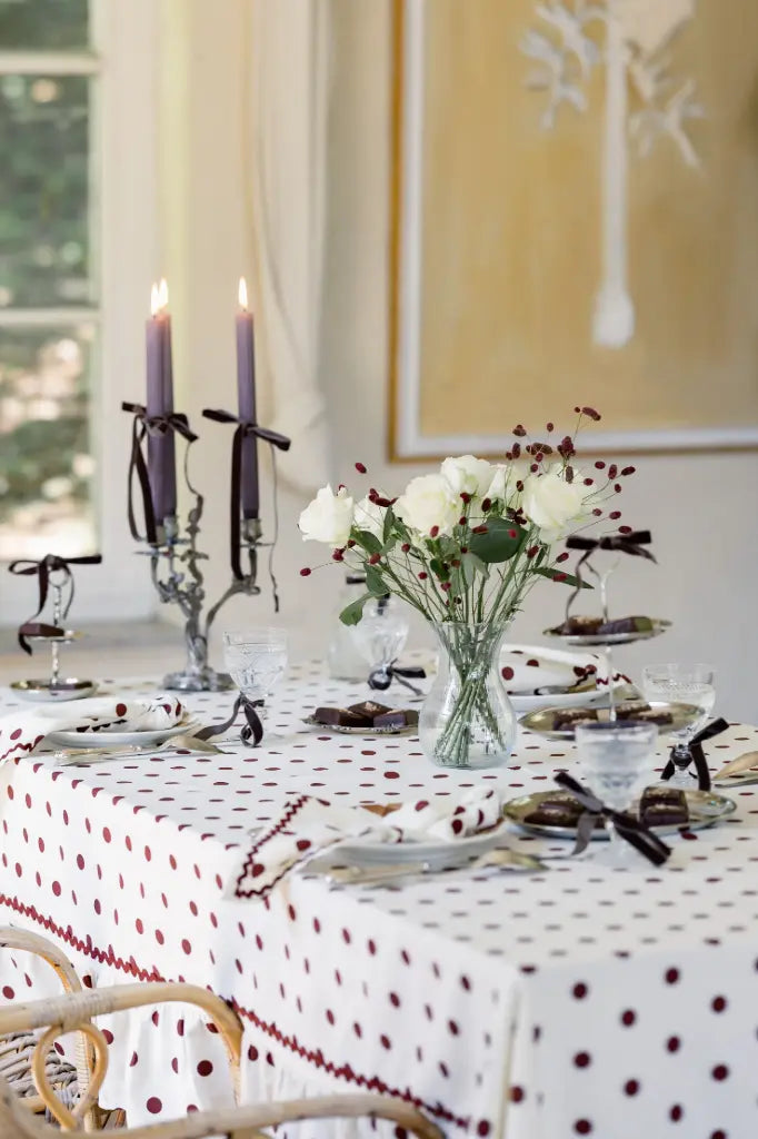 Paulette Brown tablecloth with brown polka dots