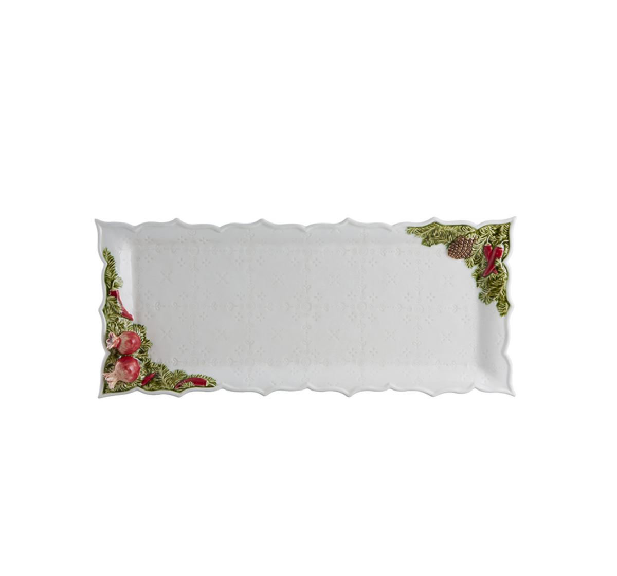Garland taartbord van 50 x 43 cm van Bordallo Pinheiro in wit aardewerk met hulst in de hoeken