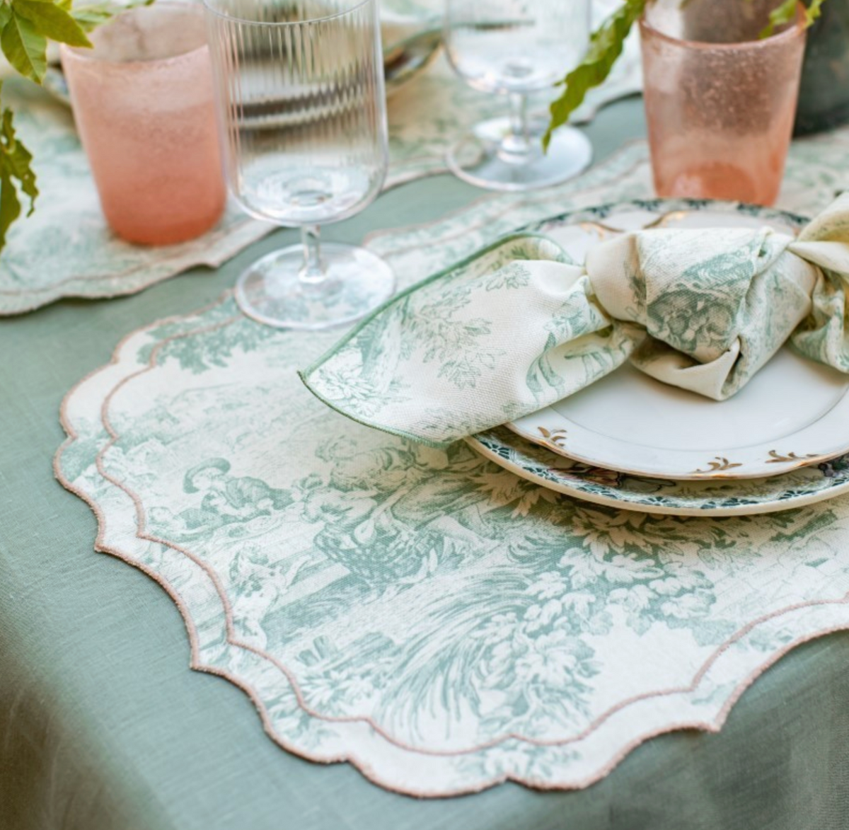 Placemats set lichtgroene toile de jouy