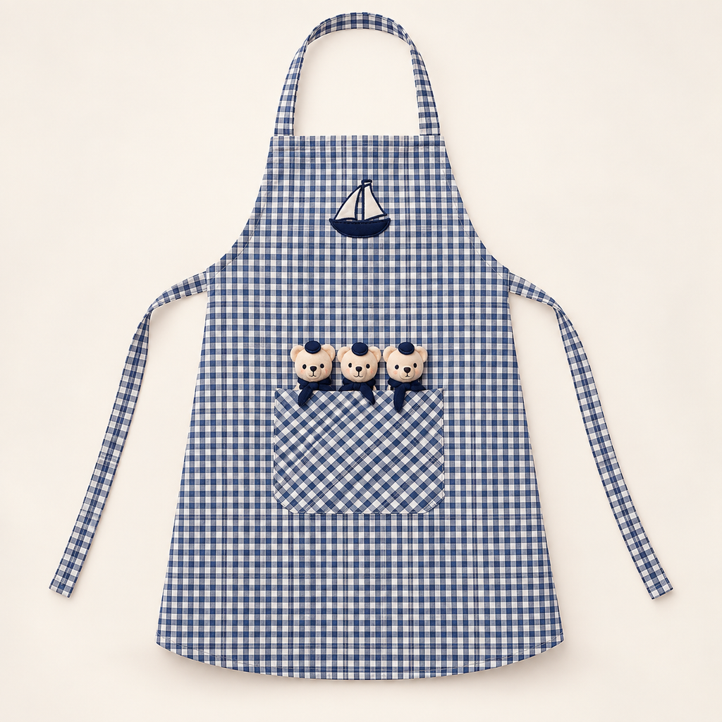 Kinderschortje met marinebeertjes – blauw geruit